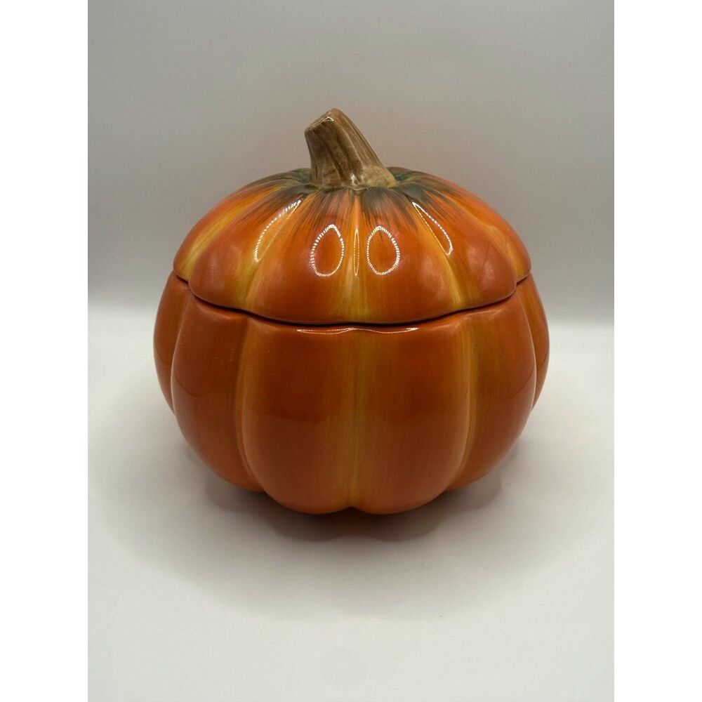 Vintage FTD Ceramic Pumpkin Candy Dish Lid Fall Harvest Thanksgiving Decor